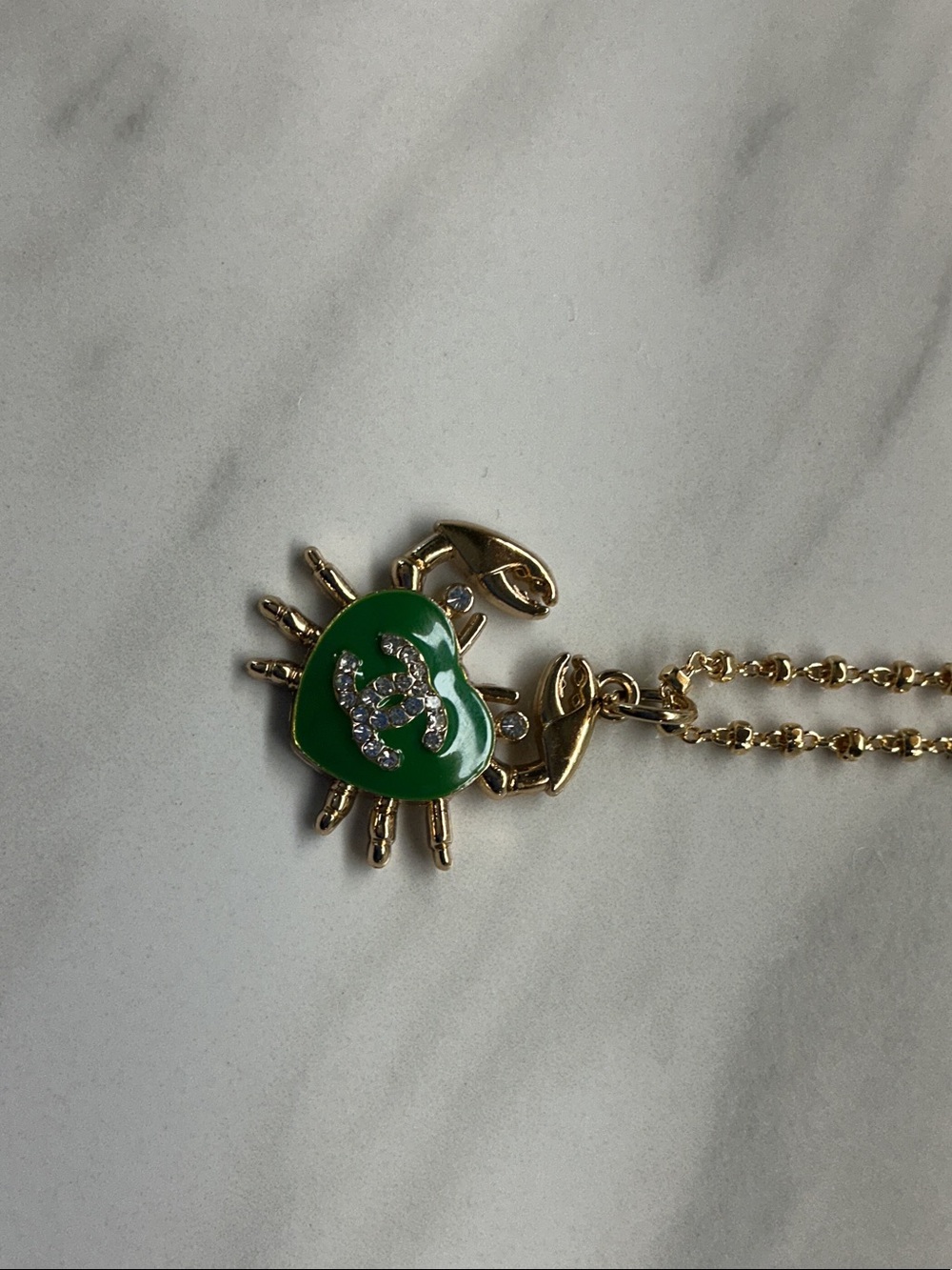 Gold Chain Necklace with Green Crab Charm and Crystal Accent - Picture 2 of 6